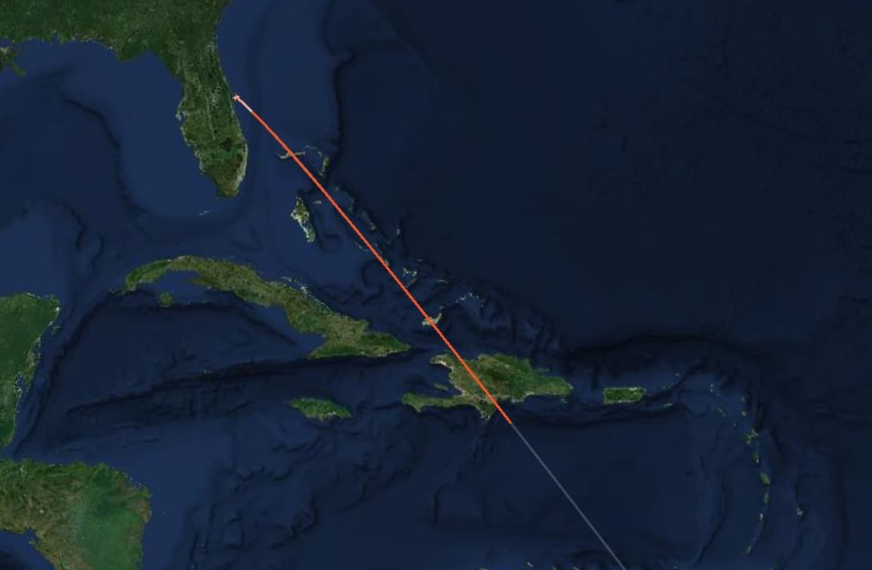 Acercamiento trayectoria del cohete Falcon 9 el 18 de febrero de 2025
