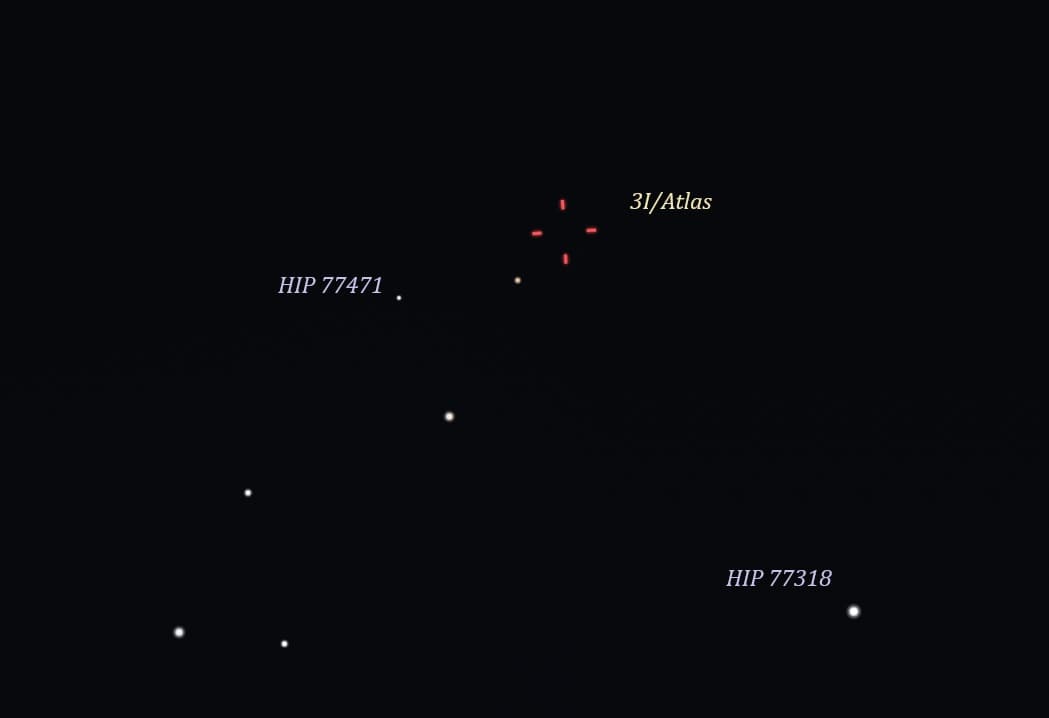 Ubicación del Cometa 3I/Atlas el 23 de AGOSTO 2025 cerca 9 pm SAC