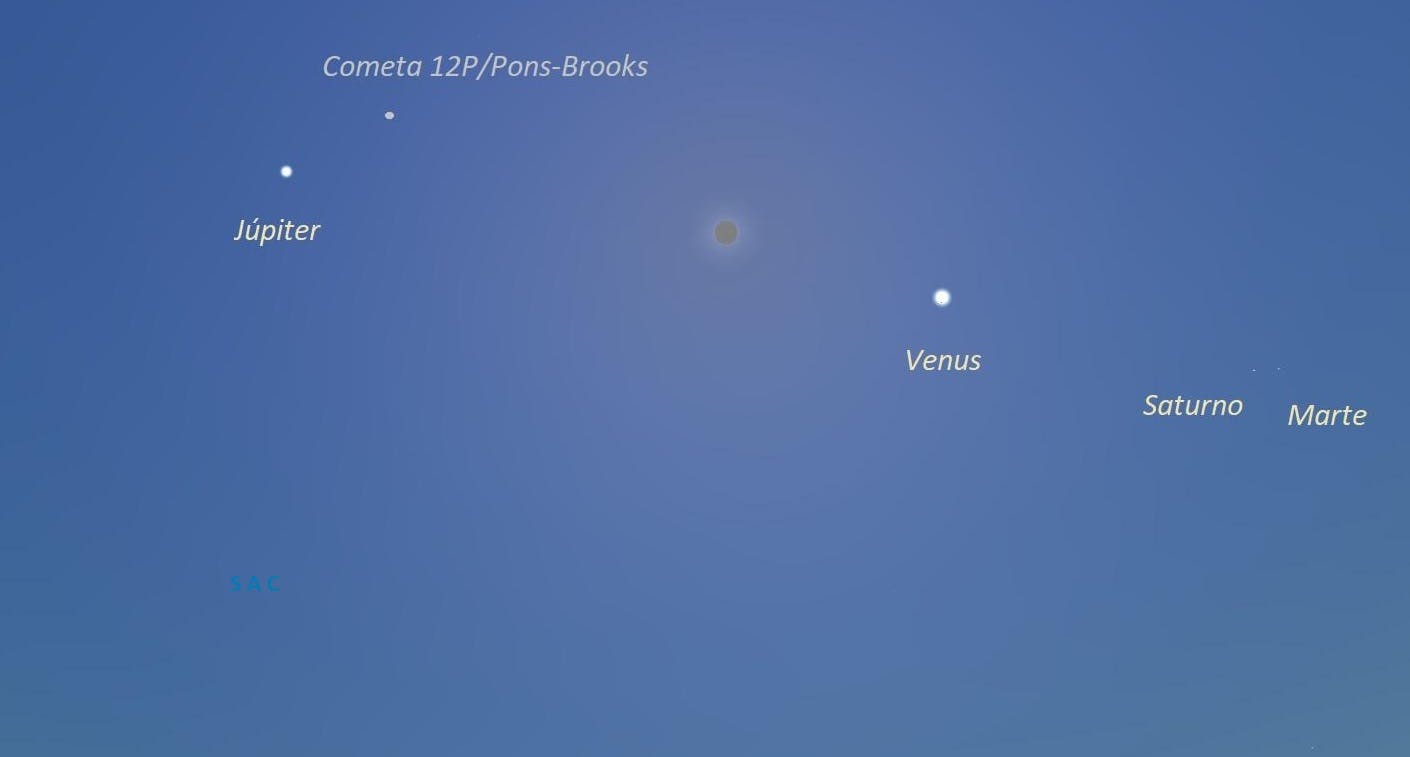 Ubicación del Cometa 12P durante el Eclipse Total del Sol, el 8 de abril de 2024. SAC